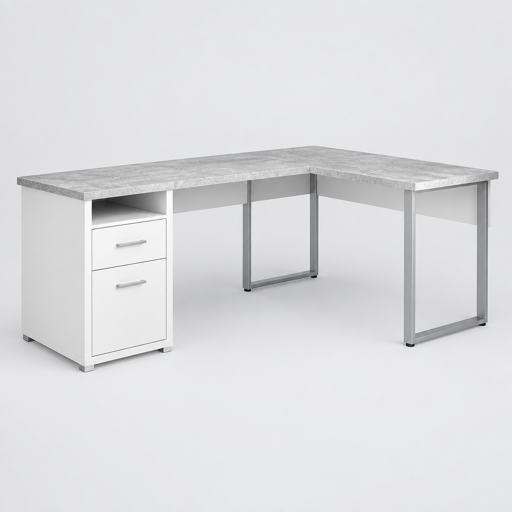 Gray and silver L-shaped computer desk with 2 drawers studio photo