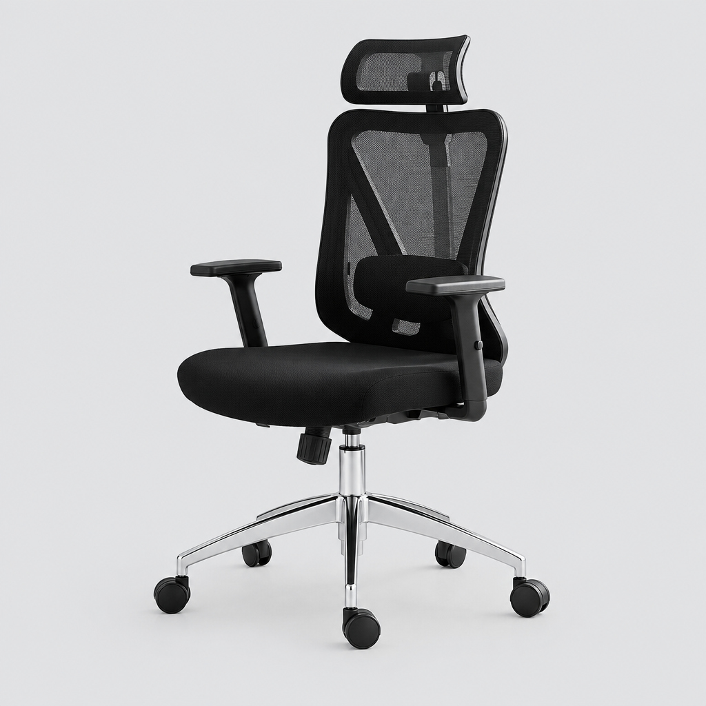 Black and silver ergonomic mesh office chair studio photo