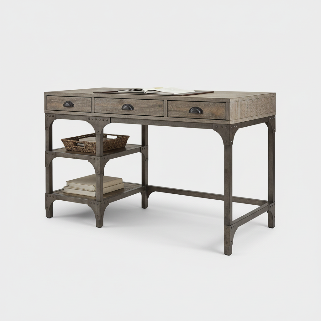 Natural and gray writing desk with 3 drawers studio photo