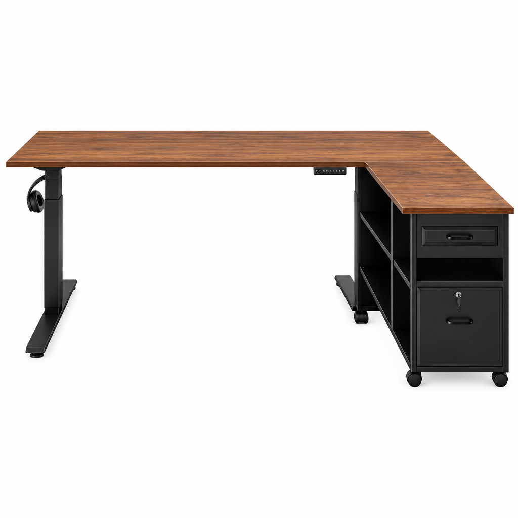 L-shaped walnut height adjustable desk with storage empty studio photo
