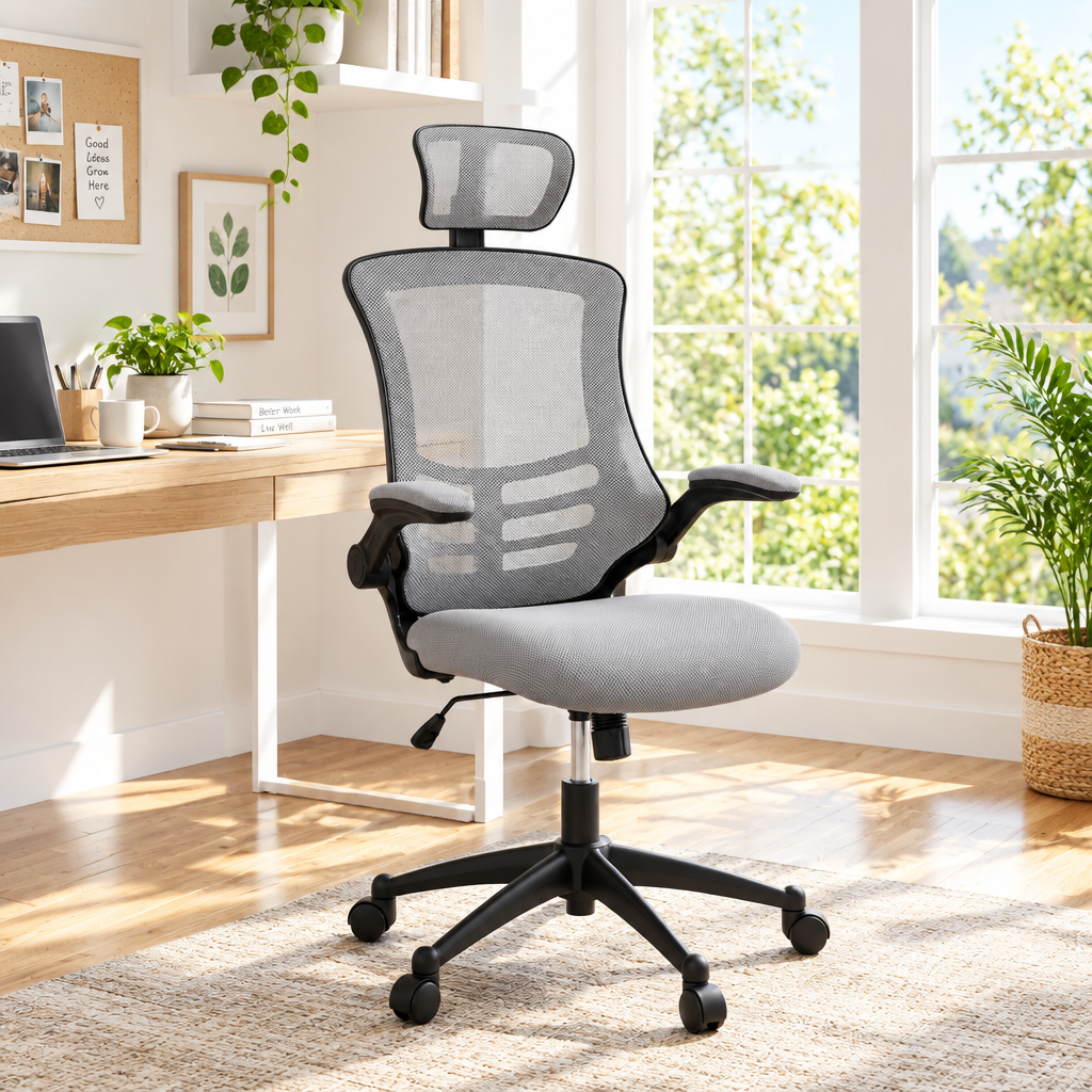 Gray mesh executive office chair in a sunny home office