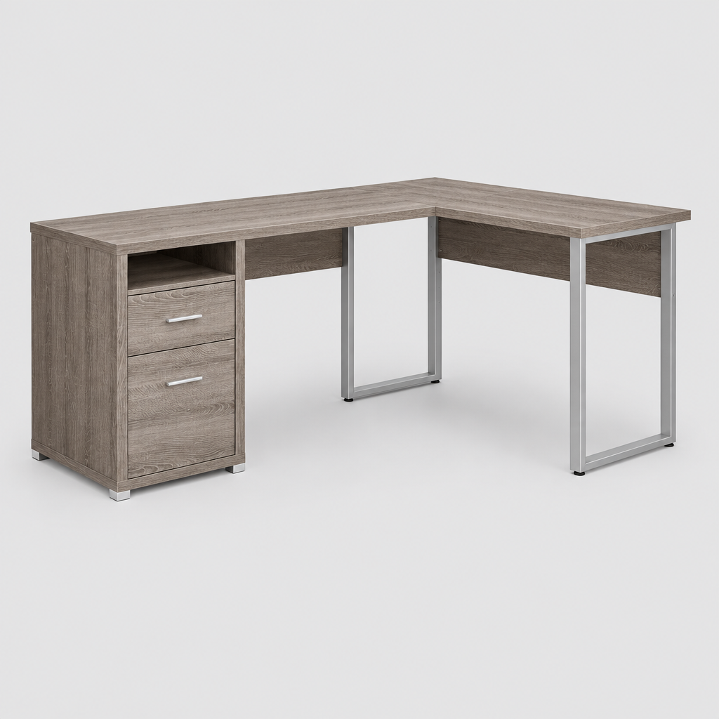 Taupe and silver L-shaped computer desk with 2 drawers studio photo