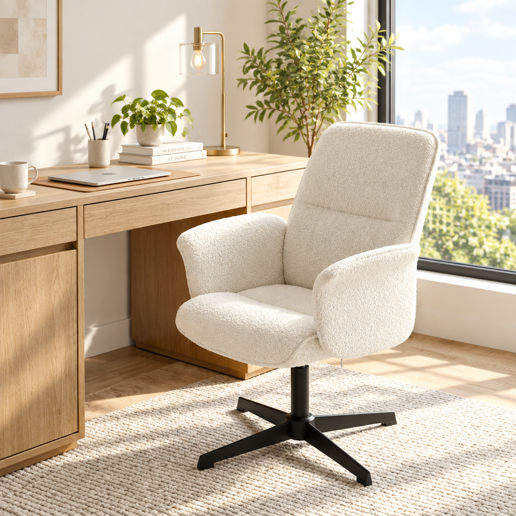 Off-white boucle executive office chair with black base in a sunny home office
