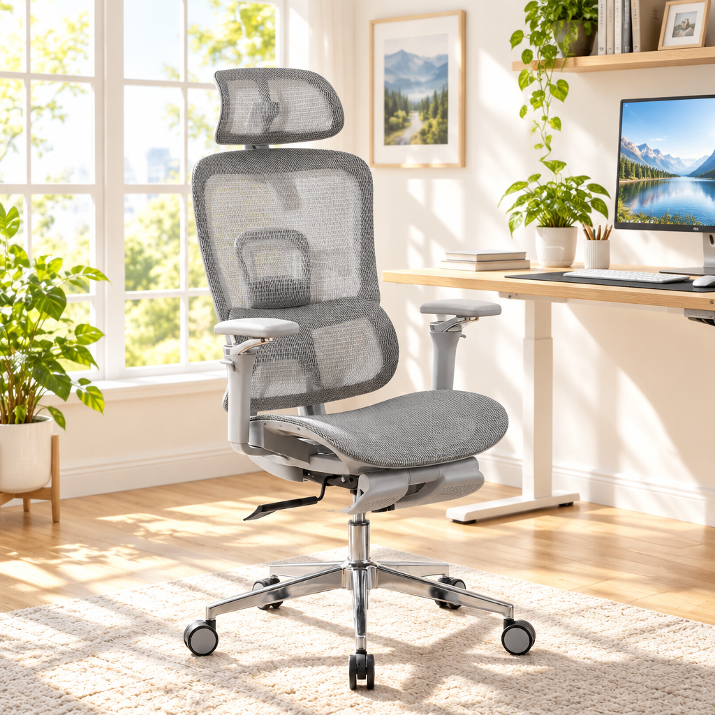 Gray ergonomic mesh gaming chair with footrest in a sunny home office