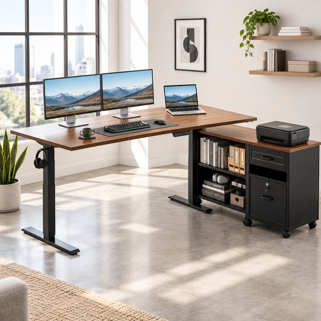 L-shaped walnut height adjustable desk with storage in a bright loft office