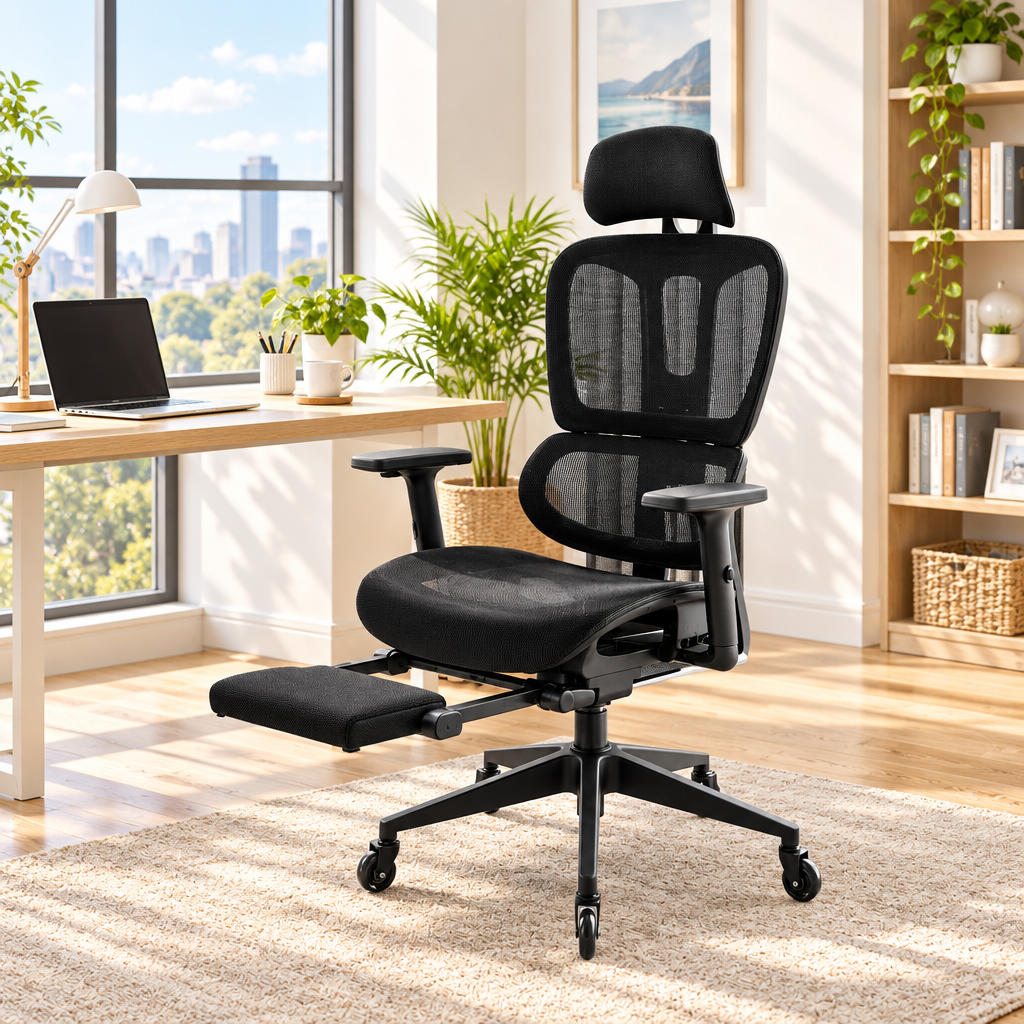 Black ergonomic office chair with footrest in a sunny home office
