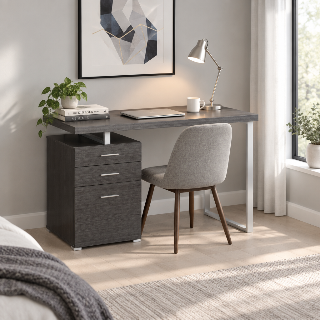 Gray and silver computer desk with 3 drawers in a bright bedroom study nook