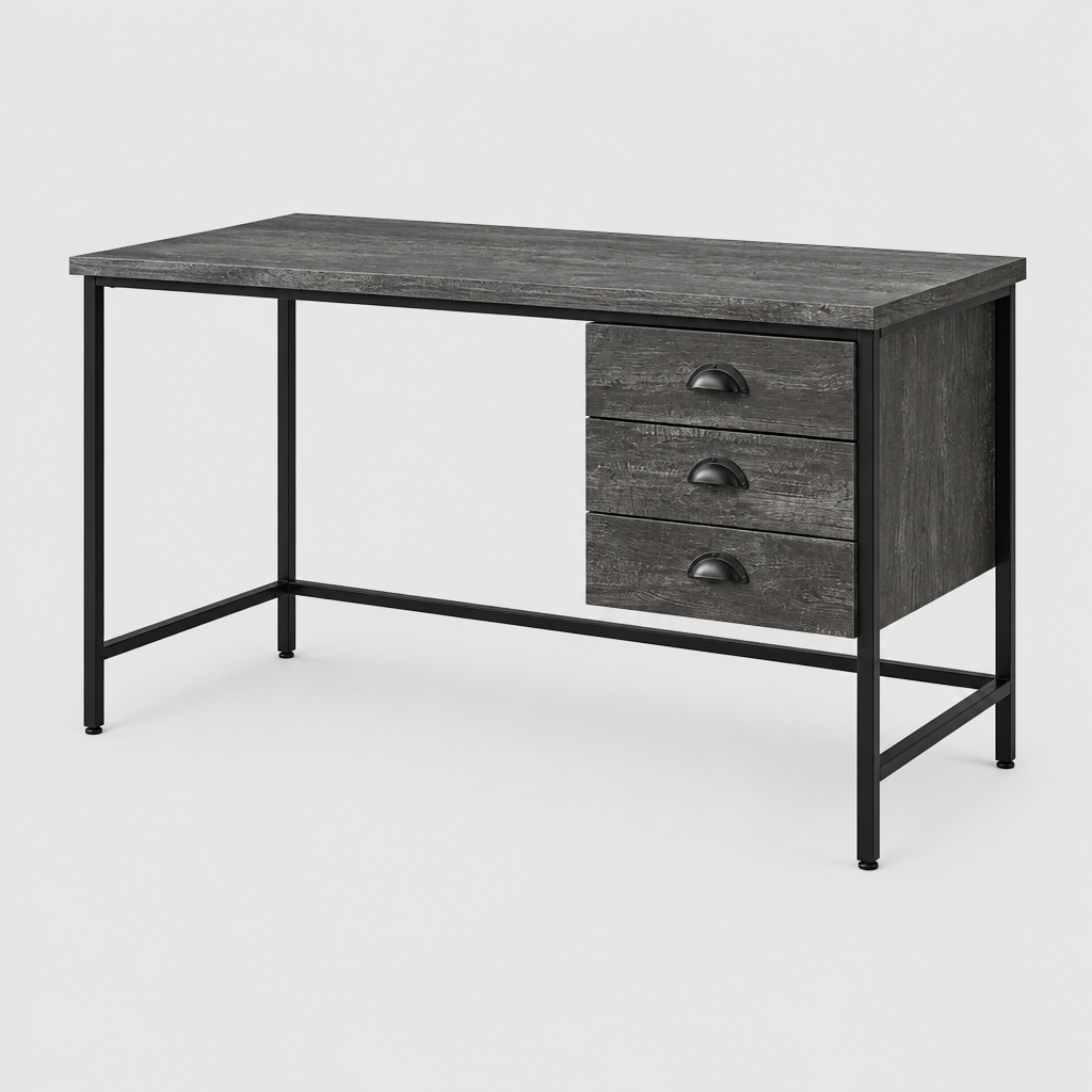 Gray and black computer desk with 3 drawers studio photo