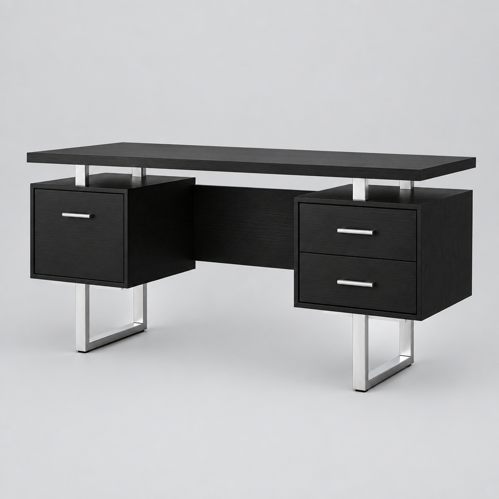 Black and silver computer desk with 3 drawers studio photo