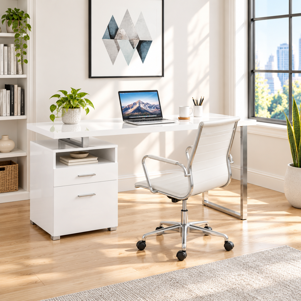 White and silver computer desk with 2 drawers in a bright home office