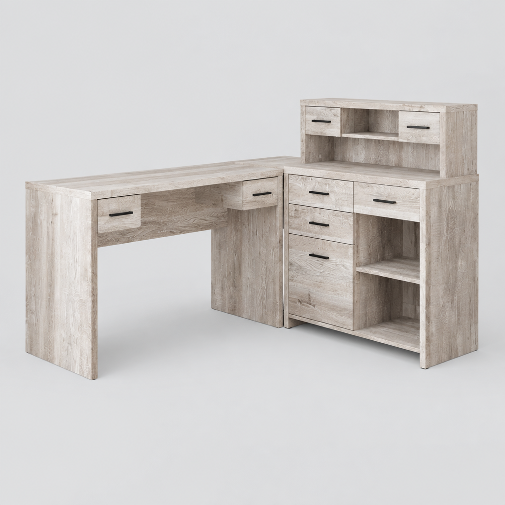 Taupe L-shaped computer desk with 8 drawers studio photo
