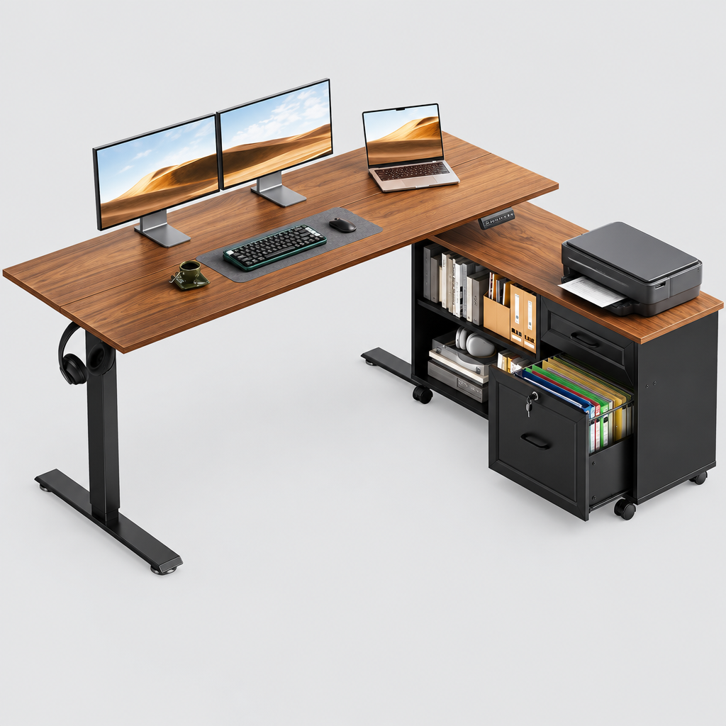 L-shaped walnut height adjustable desk with storage studio photo