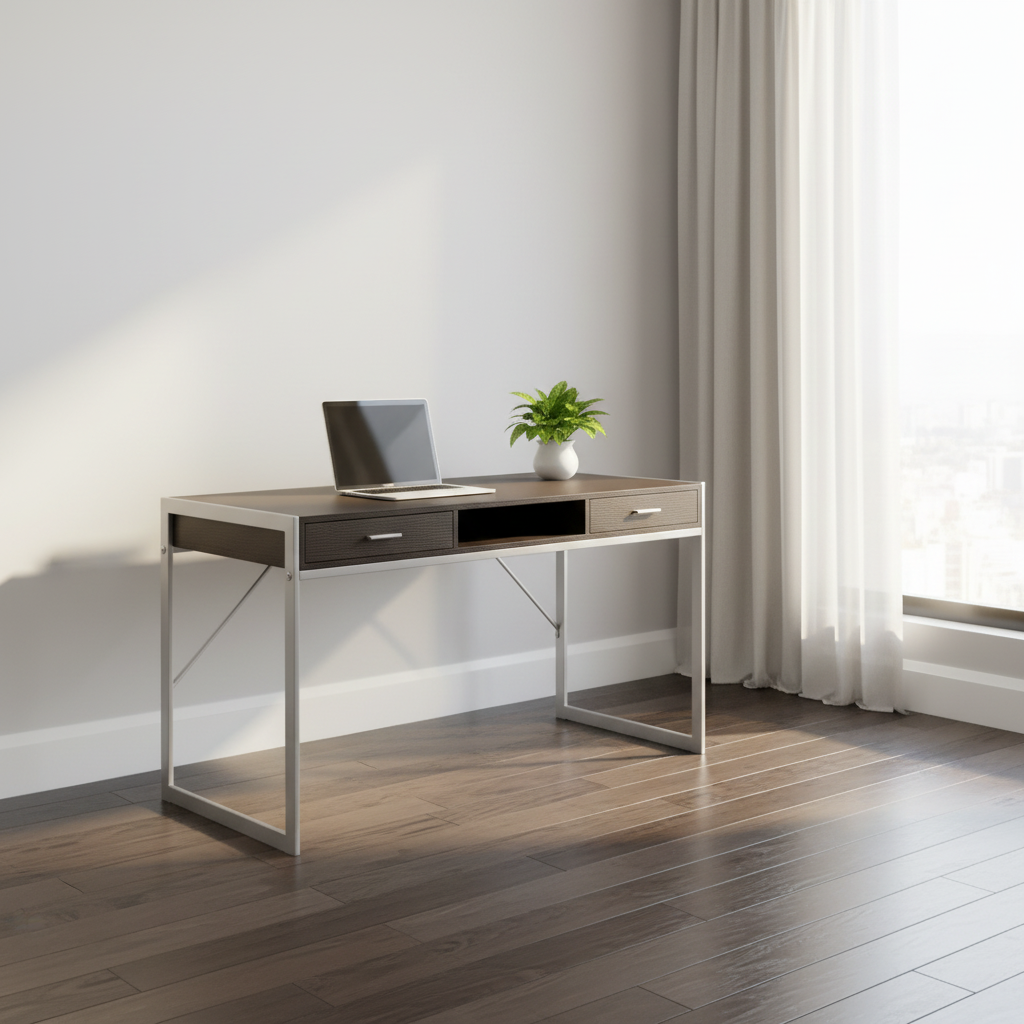 Dark brown and silver computer desk in a bright home office