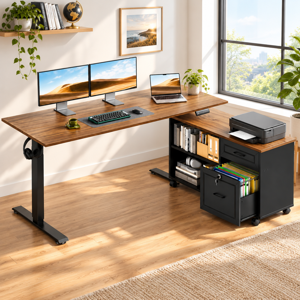 L-shaped walnut height adjustable desk with storage in a bright home office