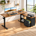 L-shaped walnut height adjustable desk with storage in a bright home office