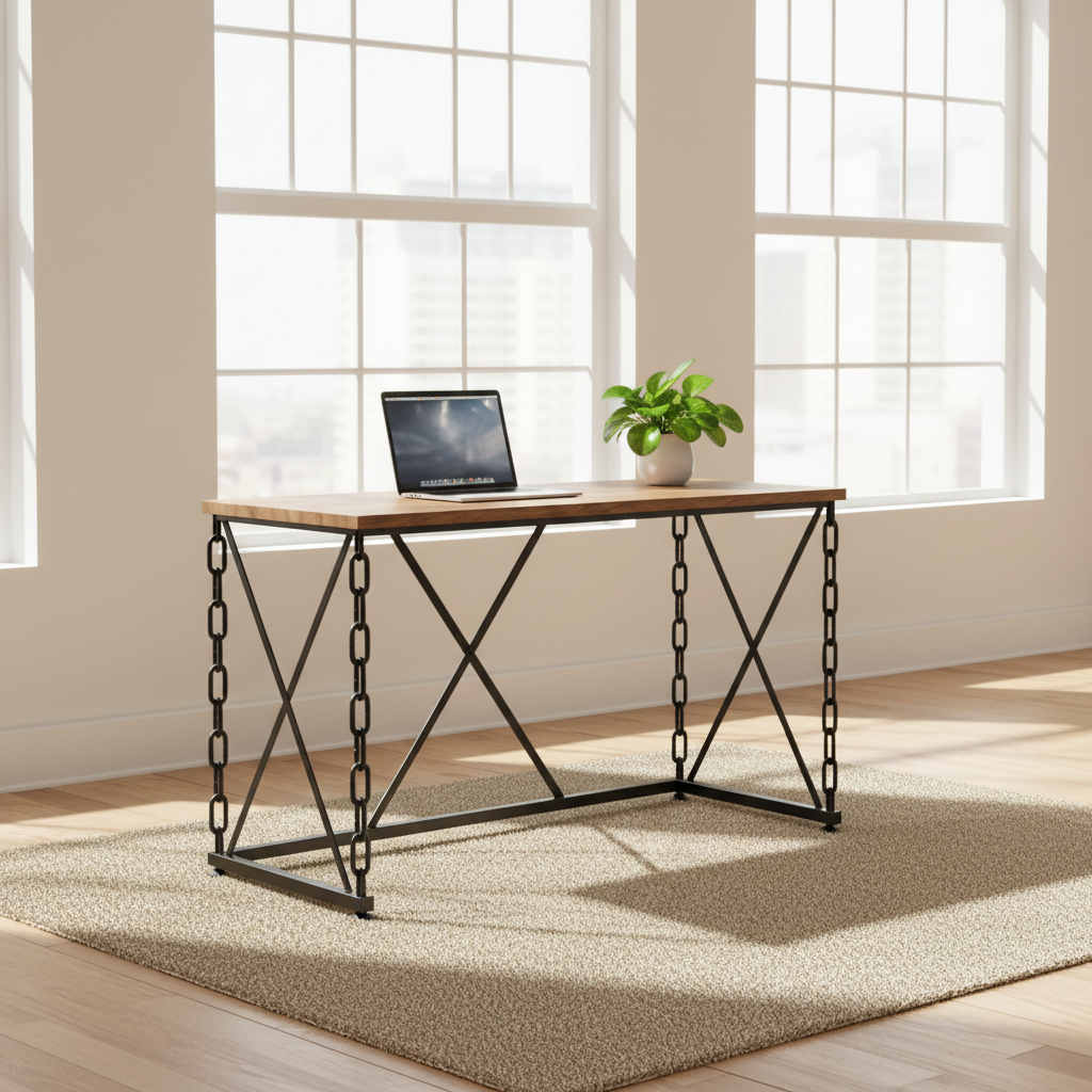 Brown and black industrial computer desk in a bright loft office