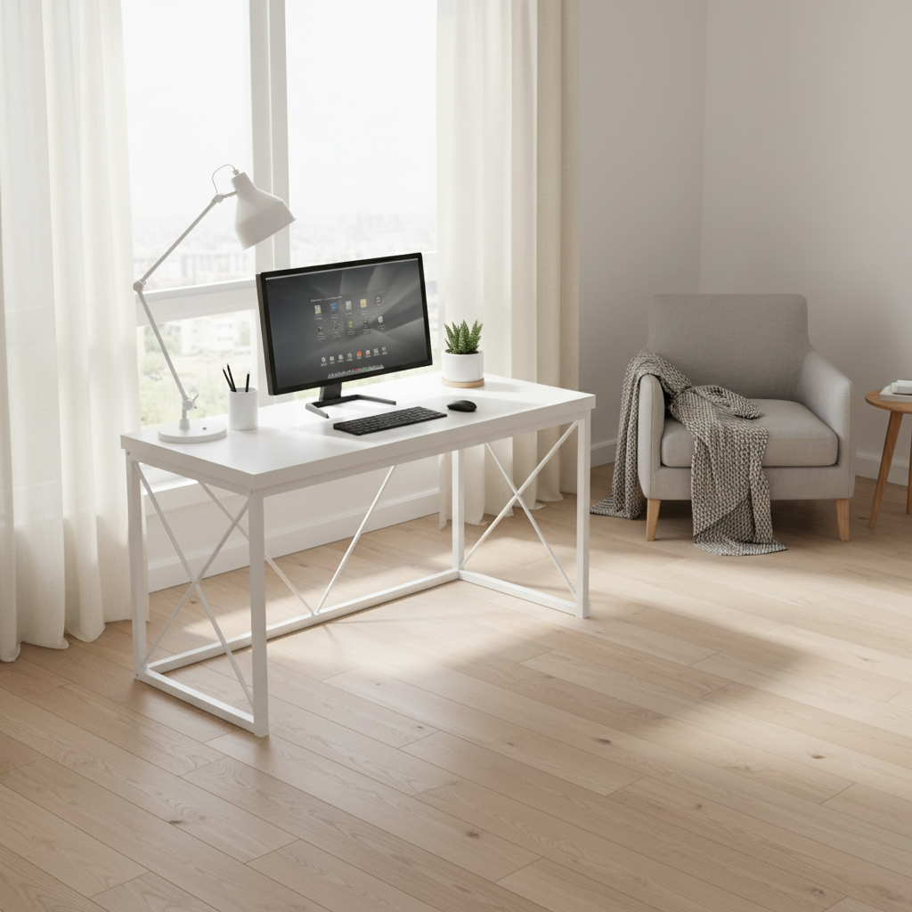 White modern computer desk by a bright window