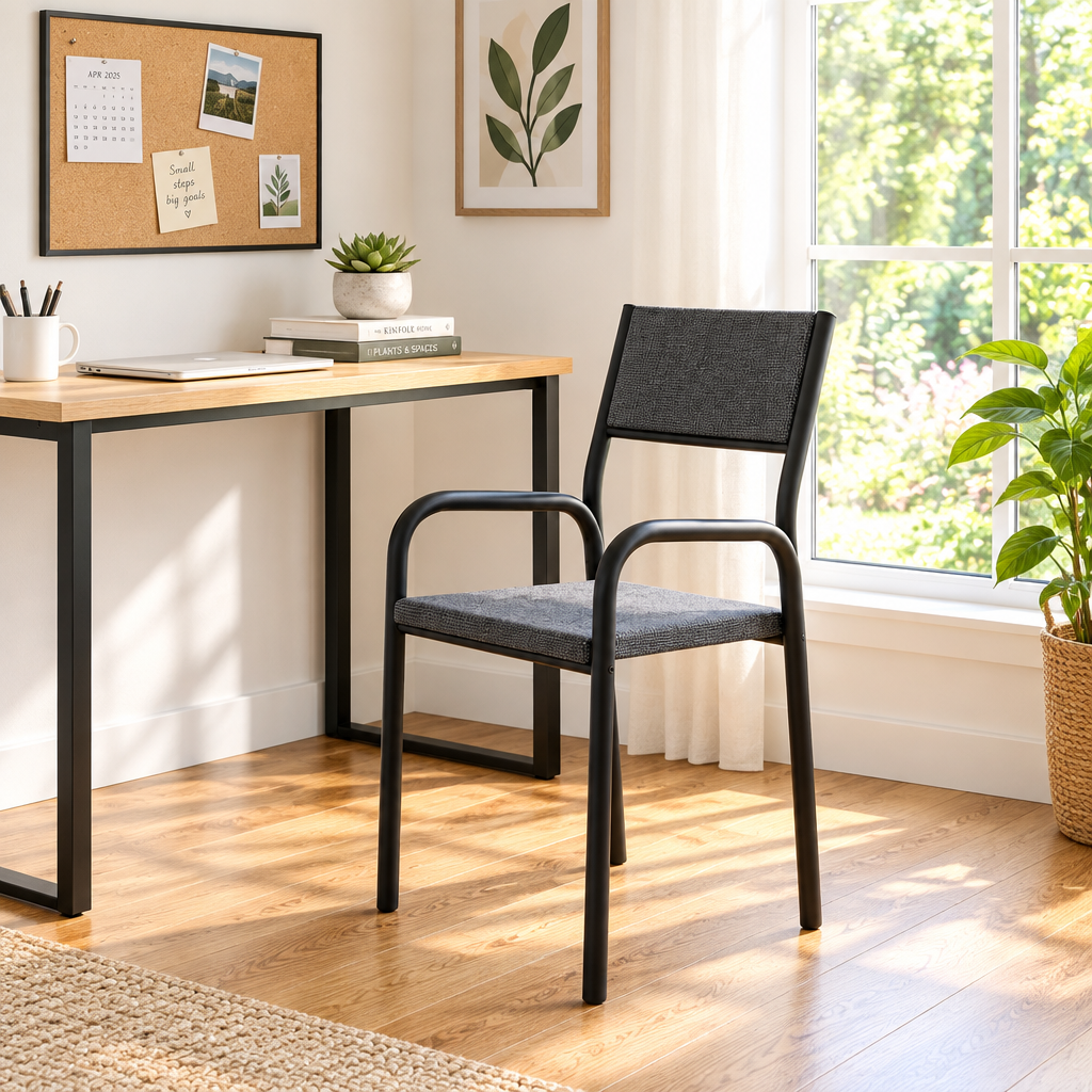 Charcoal fabric office chair with black metal frame in a sunny home office