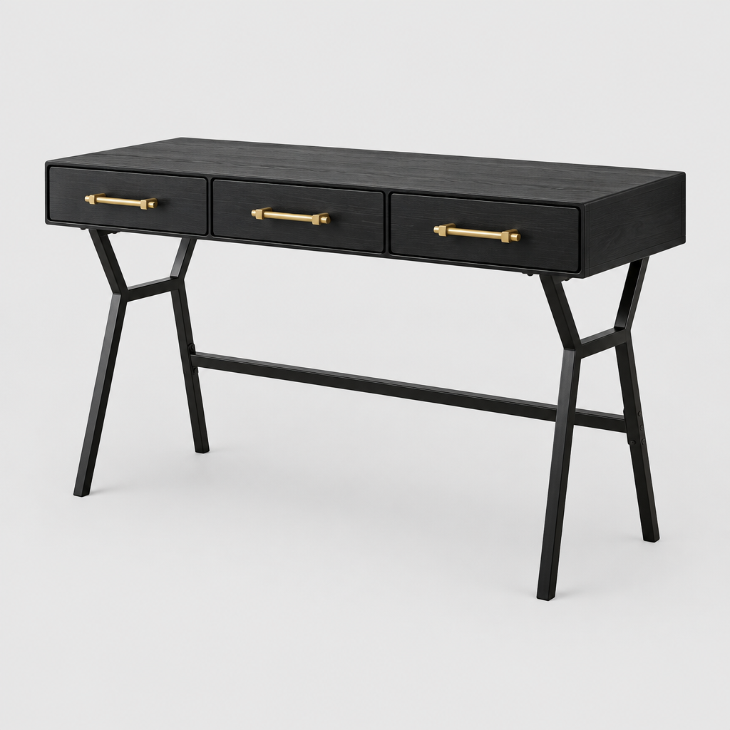 Black writing desk with 3 drawers studio photo