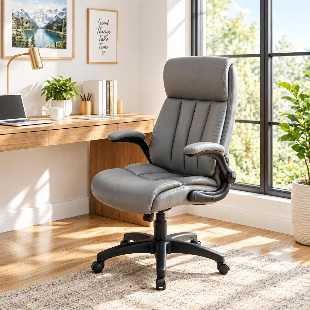 Gray faux leather executive office chair in a sunny home office