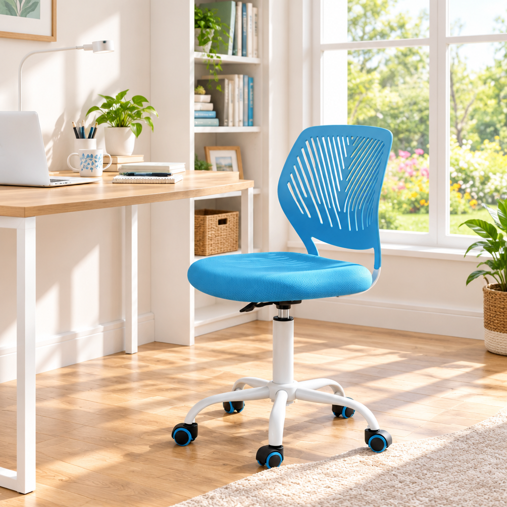 Blue and white compact task chair in a sunny home office
