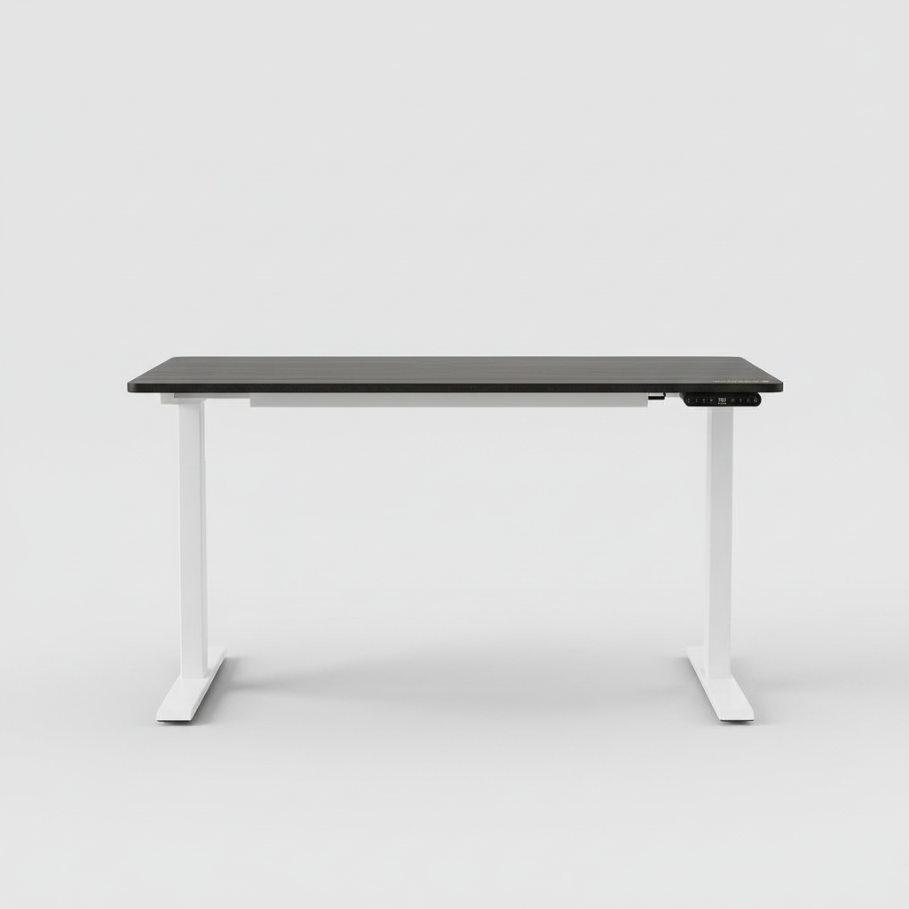 Black and white adjustable standing desk front view studio photo