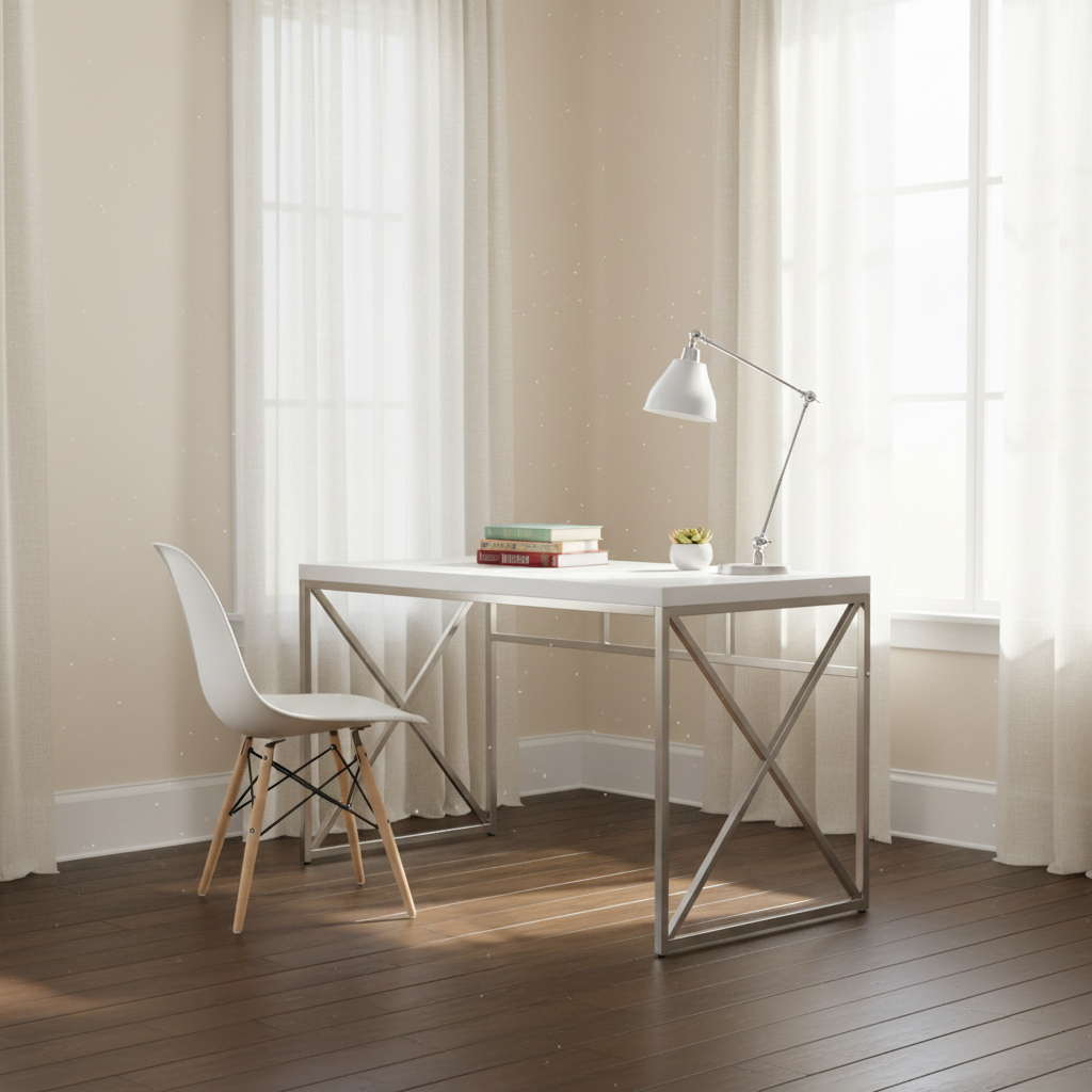 White and silver X-frame computer desk in a bright home office