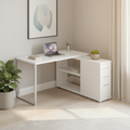 White and silver L-shaped computer desk with 3 drawers in a bright home office