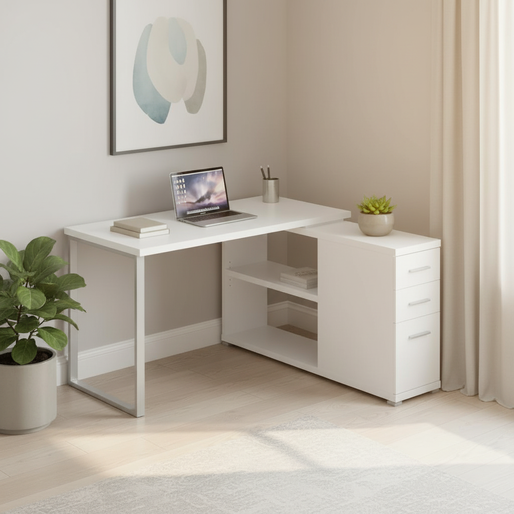 White and silver L-shaped computer desk with 3 drawers in a bright home office