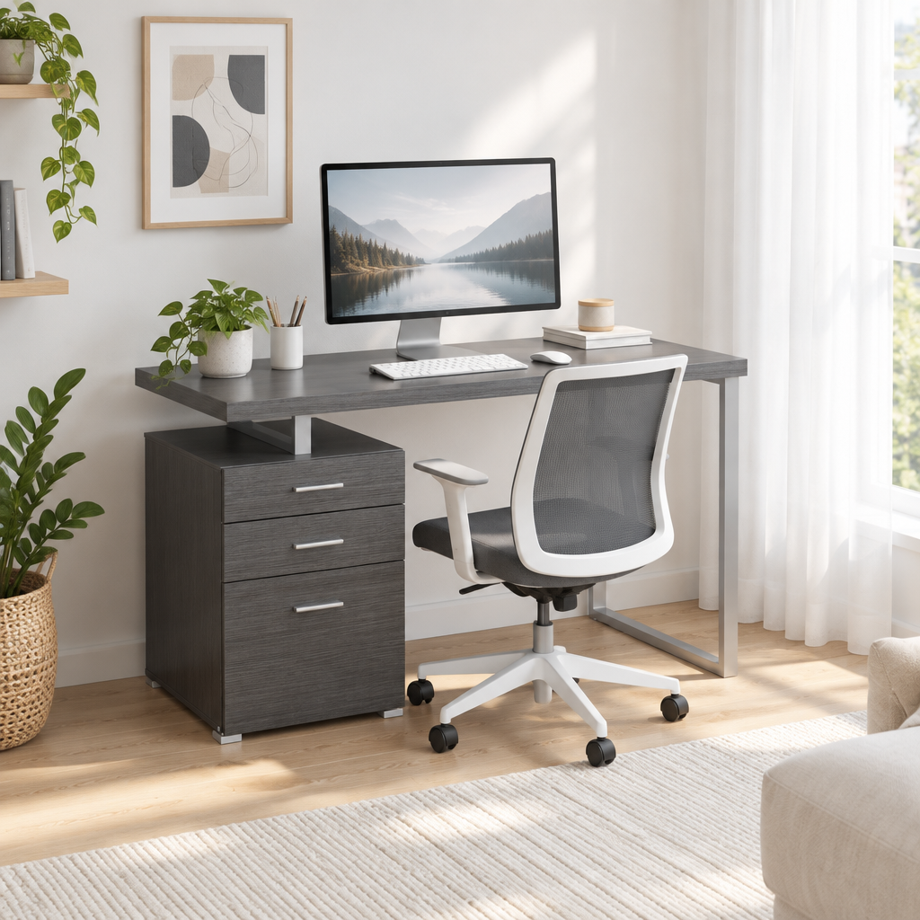 Gray and silver computer desk with drawers set up as a workspace in a bright living room