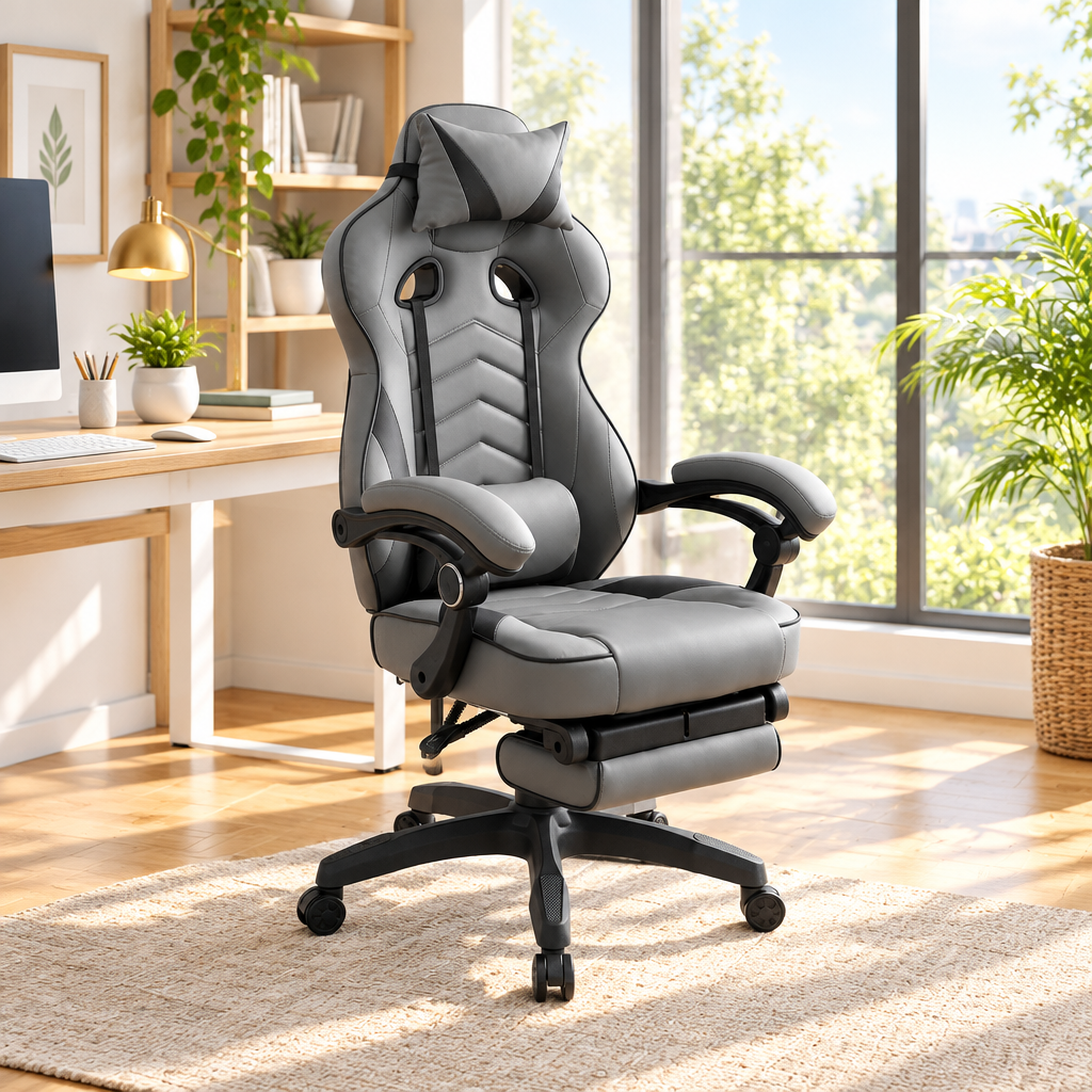 Gray racing-style gaming chair with footrest in a sunny home office
