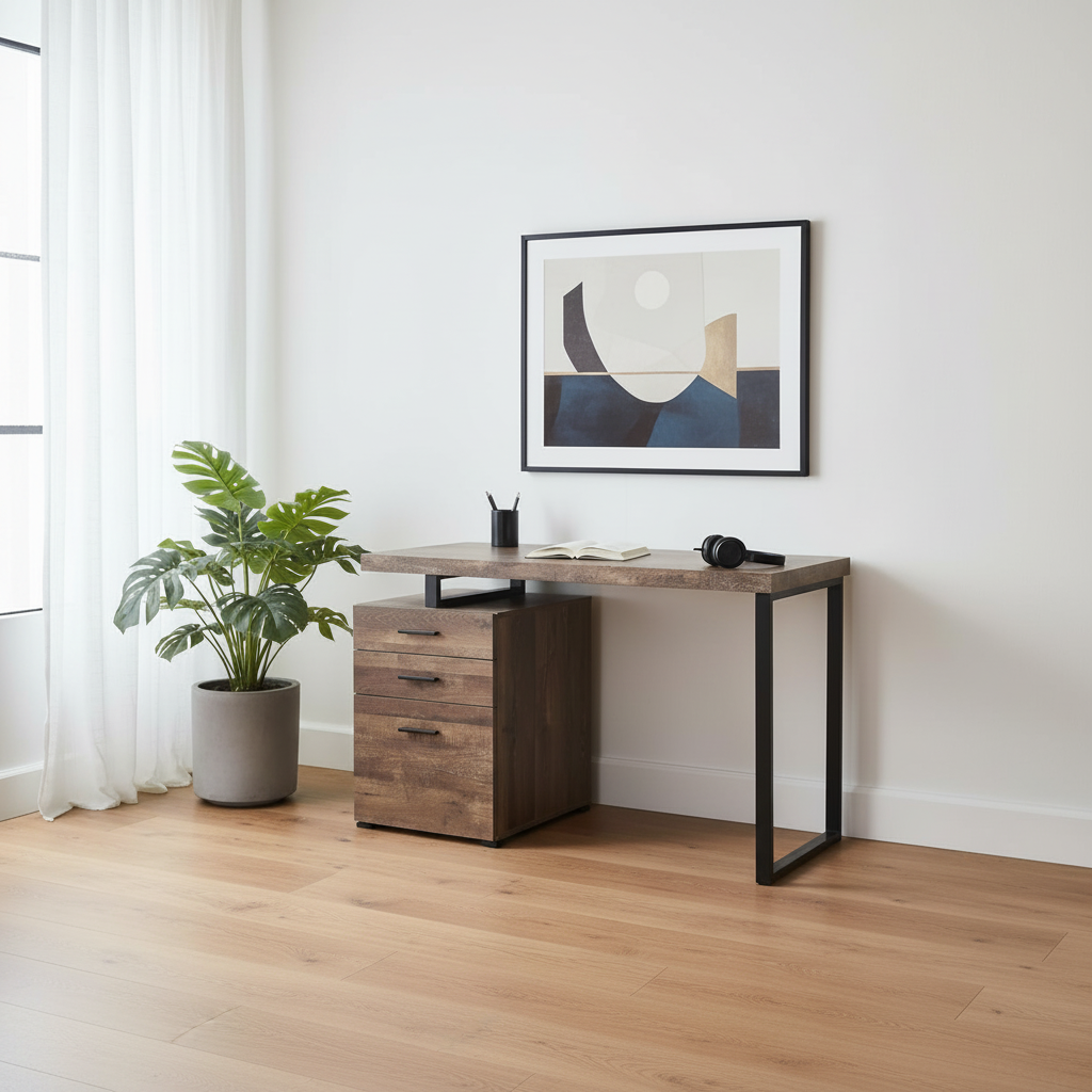 Brown and black computer desk with 3 drawers in a minimalist home office