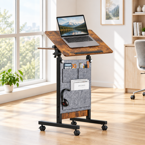 Brown 16x24 inch rolling height adjustable standing desk with laptop in a bright home office