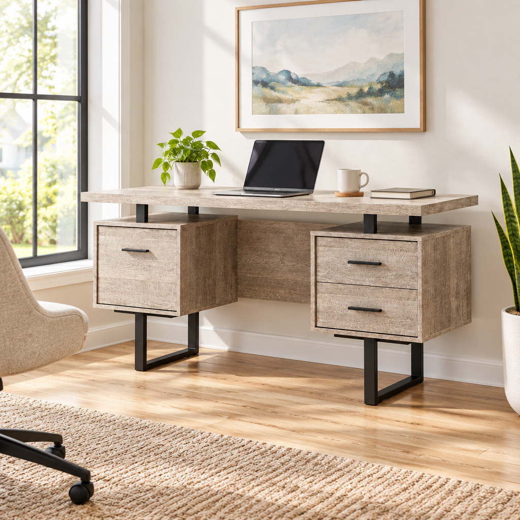 Taupe and black computer desk with 3 drawers in a bright home office