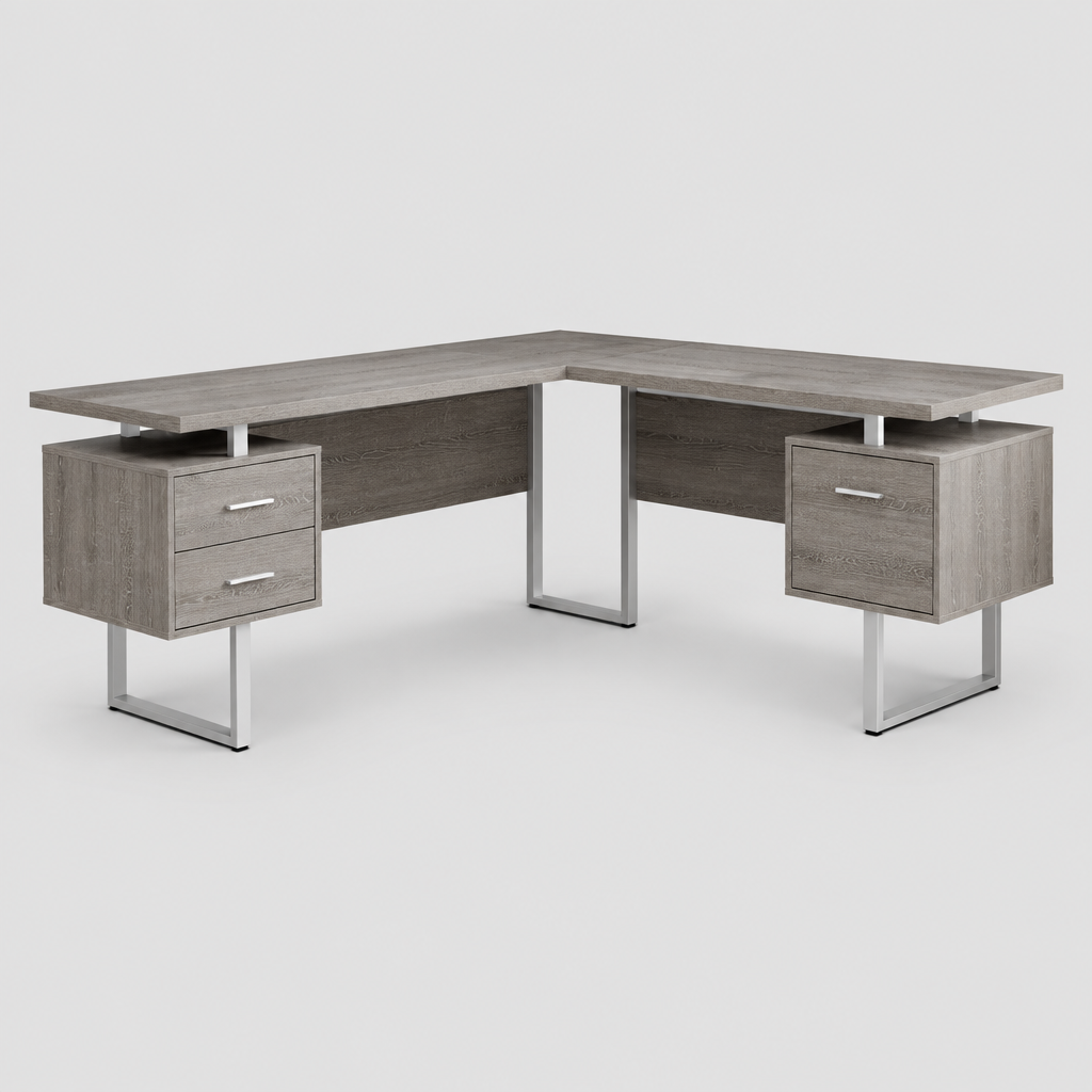 Taupe and silver L-shaped computer desk with 3 drawers studio photo