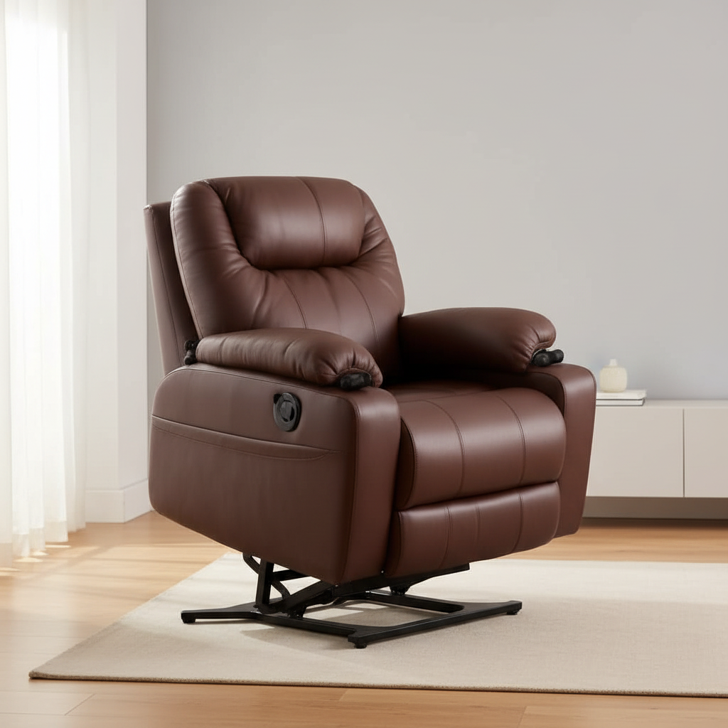 Dark brown electric power lift recliner — modern grey room setting