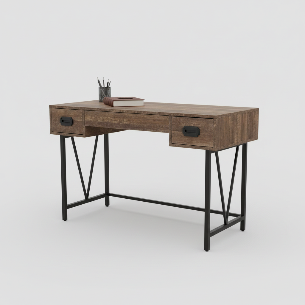 Brown and black computer desk with 2 drawers studio photo