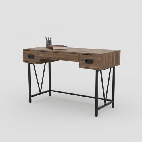 Brown and black computer desk with 2 drawers studio photo