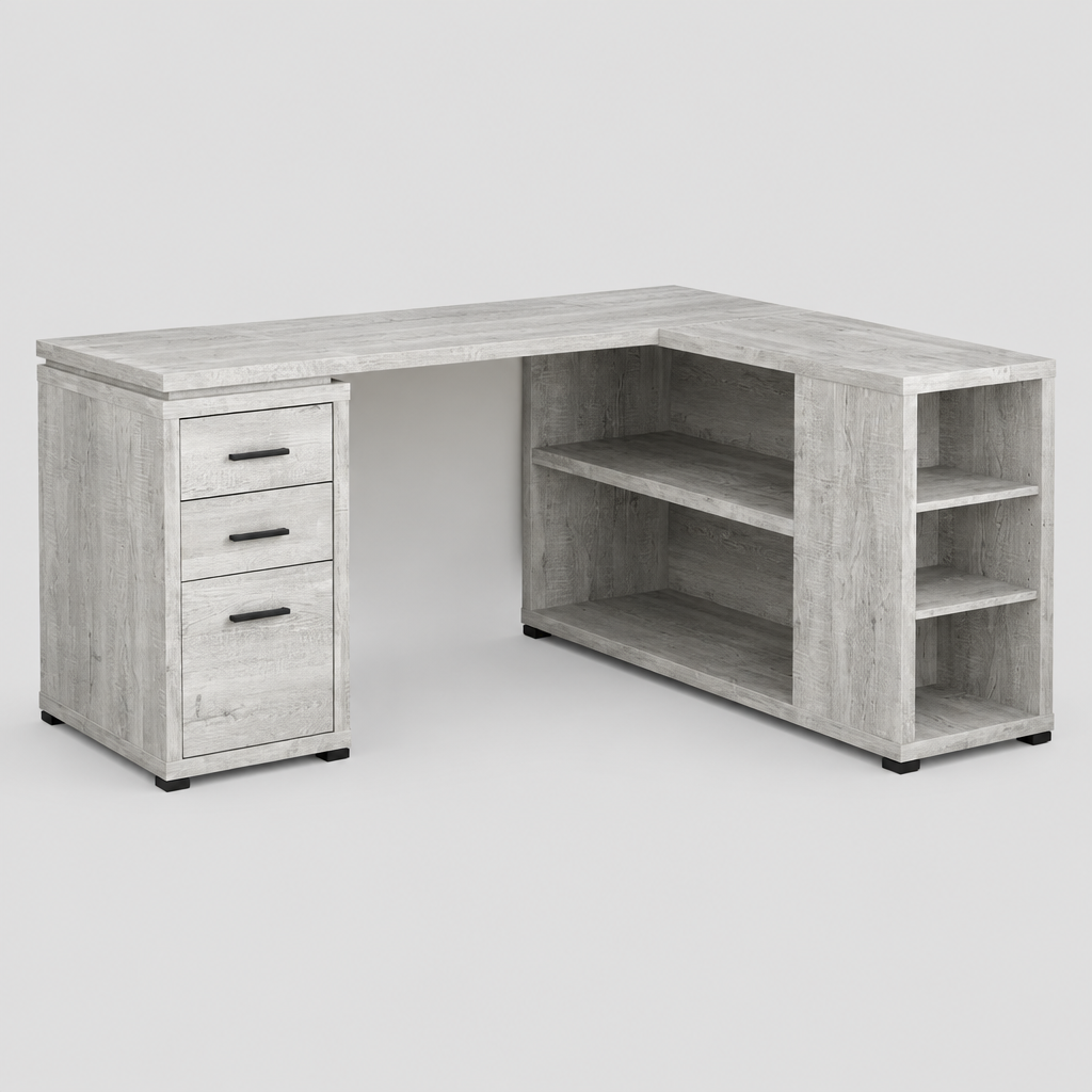 Gray L-shaped computer desk with 3 drawers studio photo