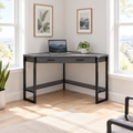 42-inch gray and black corner computer desk in a bright home office