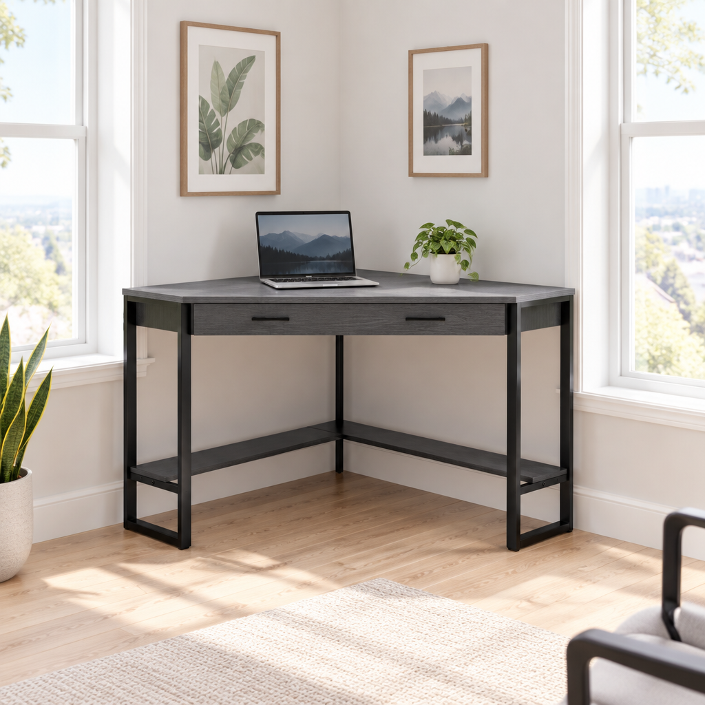 42-inch gray and black corner computer desk in a bright home office