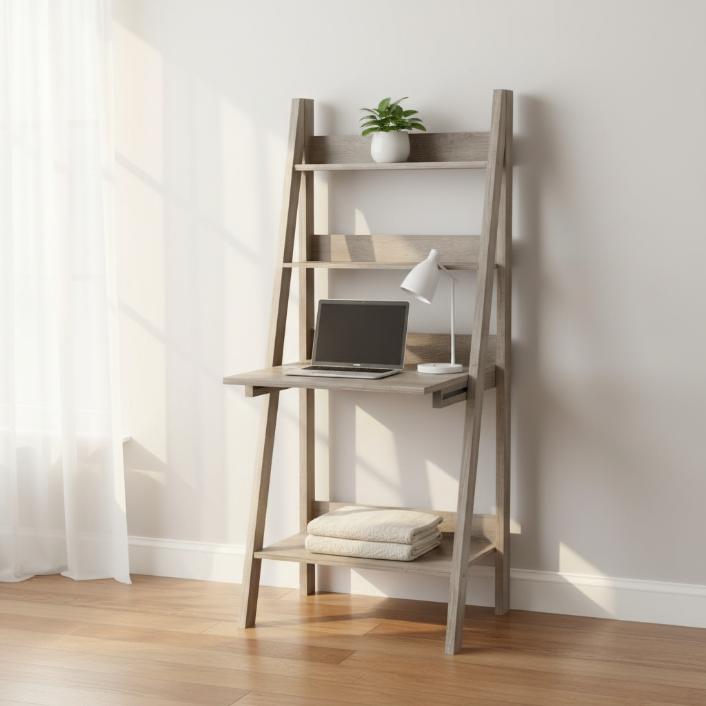 Taupe wood ladder desk styled in a bright bedroom corner