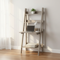 Taupe wood ladder desk styled in a bright bedroom corner