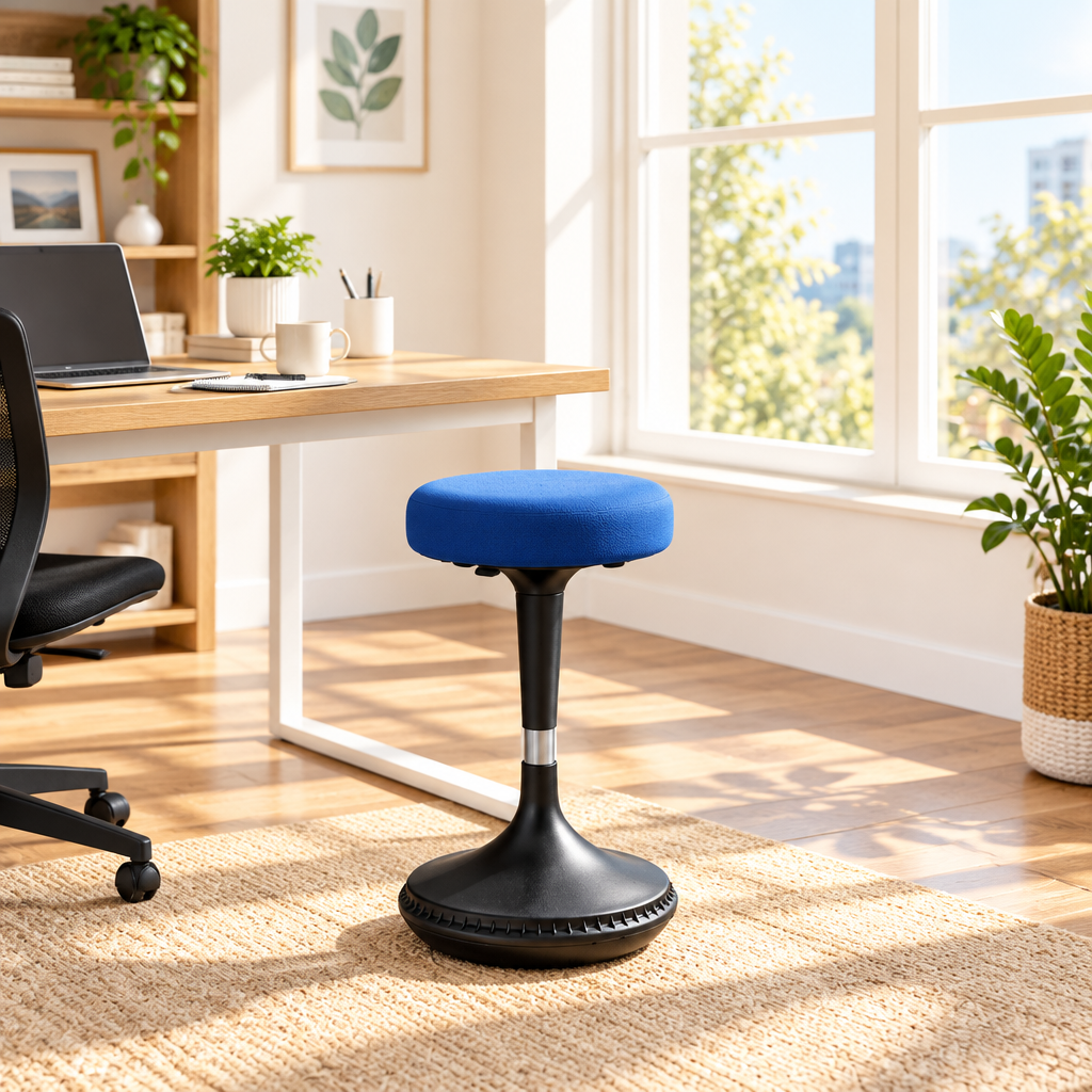 Blue and black wobble perch stool in a sunny home office