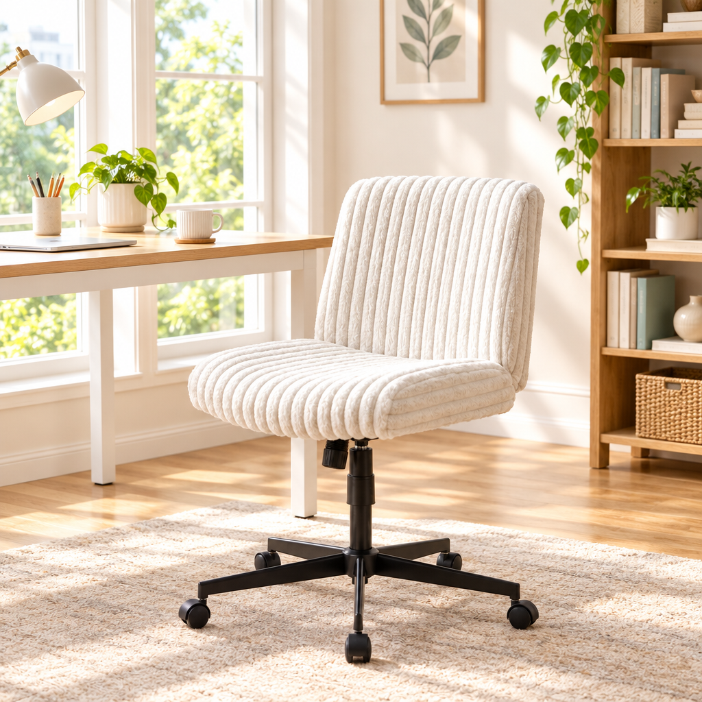 Ivory ribbed faux fur gaming chair with black base in a sunny home office