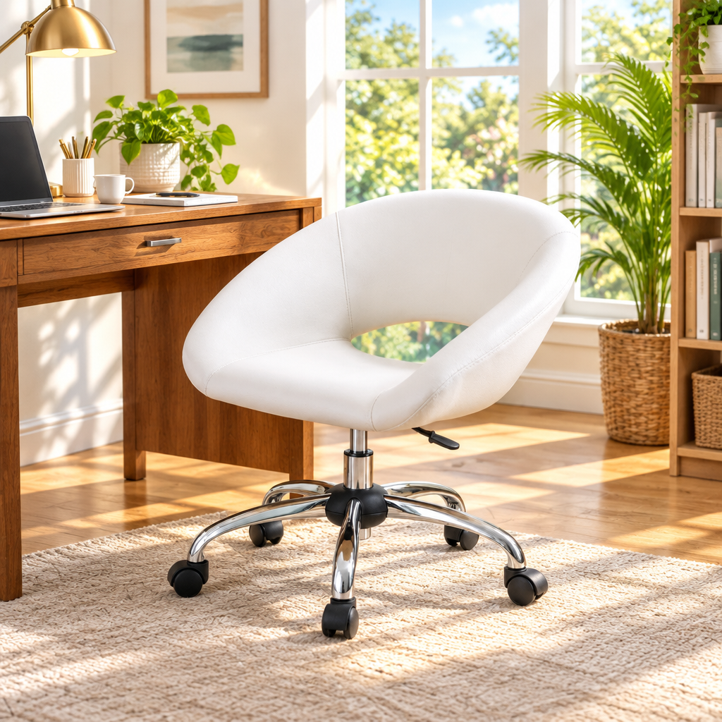 White faux leather donut-shaped office chair with chrome base in a sunny home office