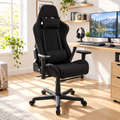 Black racing-style gaming chair in a sunny home office