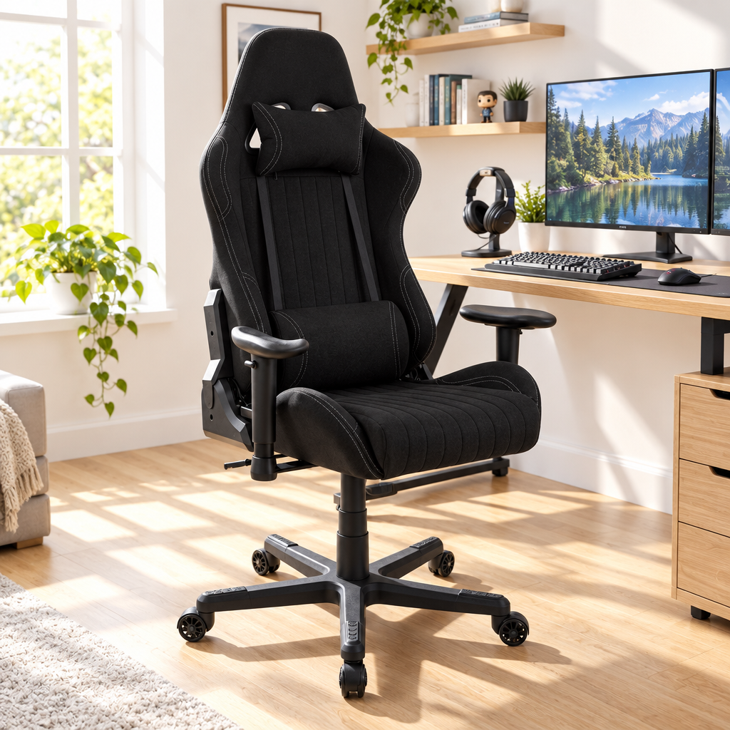 Black racing-style gaming chair in a sunny home office