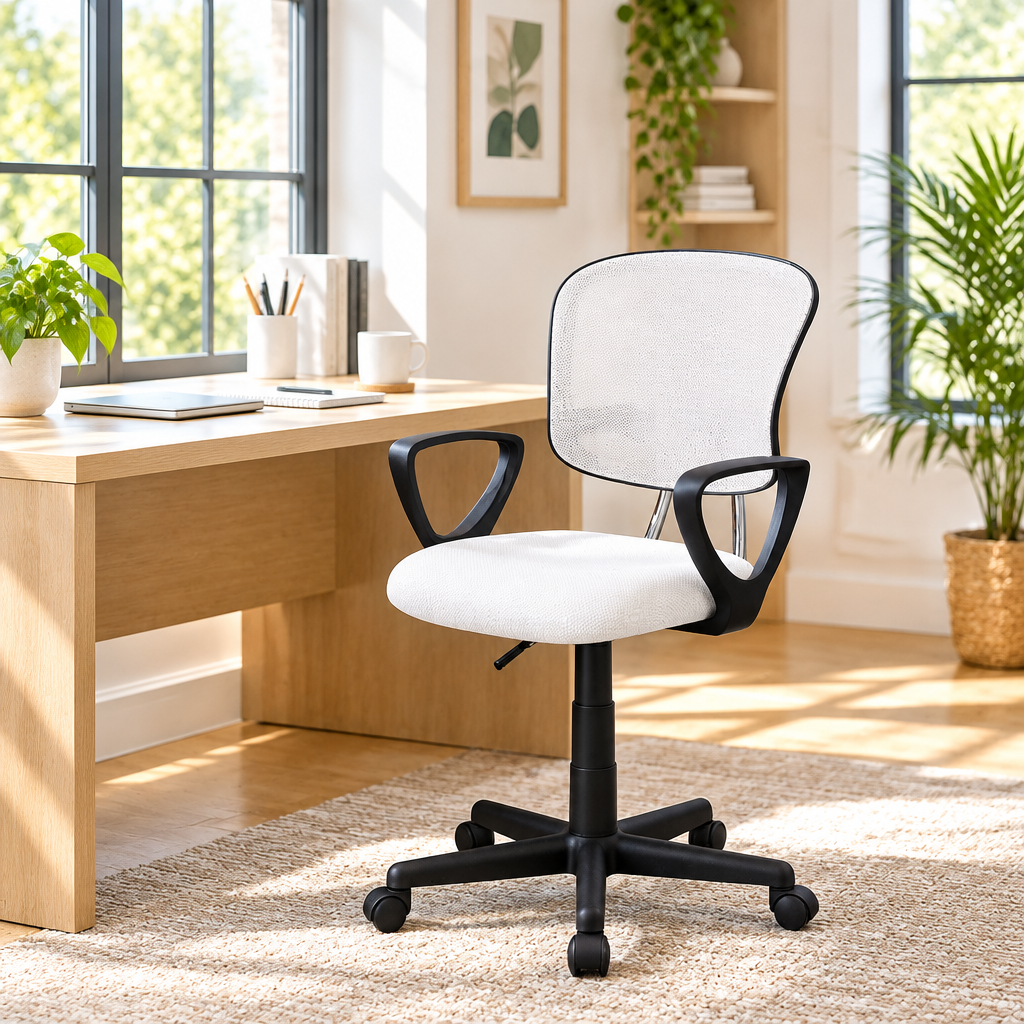 White mesh back task chair with black armrests and base in a sunny home office