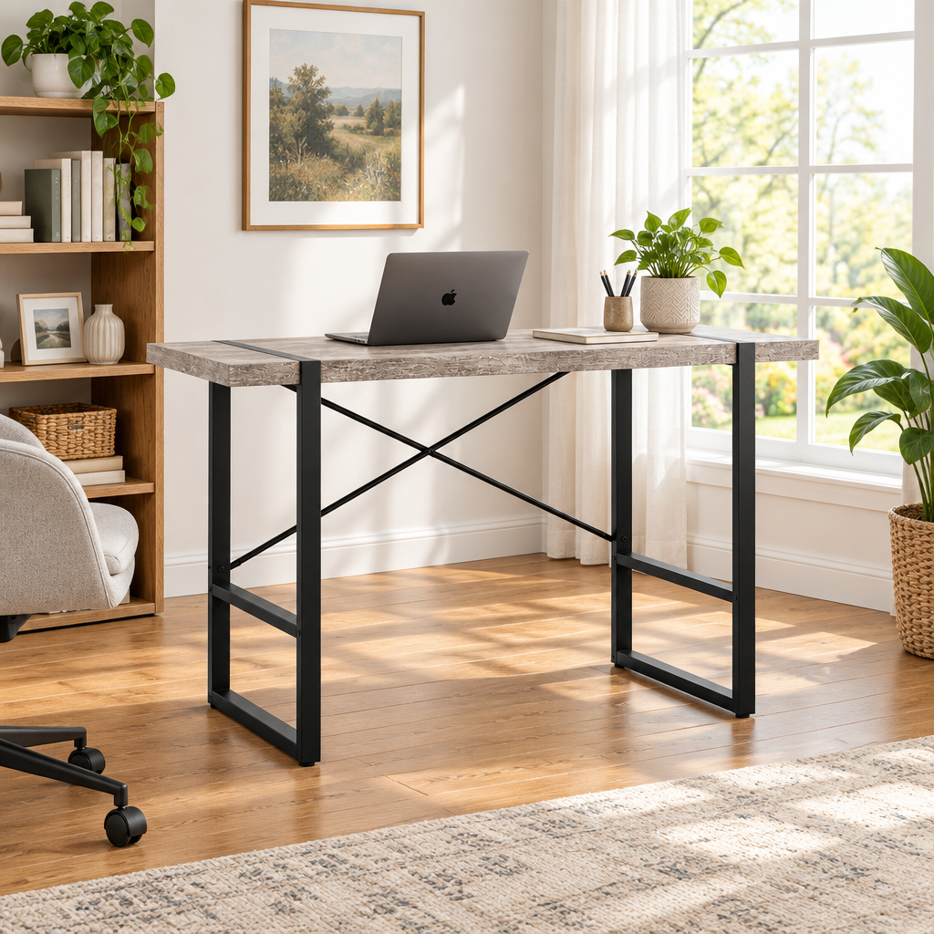 Taupe and black computer desk in a bright home office
